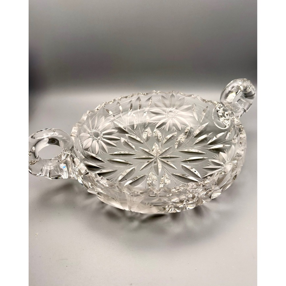 Vintage Hand Cut Lead Crystal Double Handled Nappy‎ Candy Nut Dish 6.5"